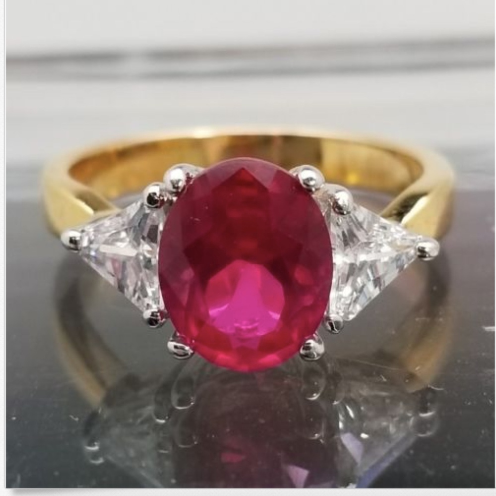 Gold Plated Cocktail Ring Cubic Zirconia Size 5 Red Stone Valentines day